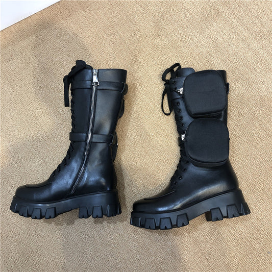 Thick-soled Casual Lace-up Zipper Bag Boots