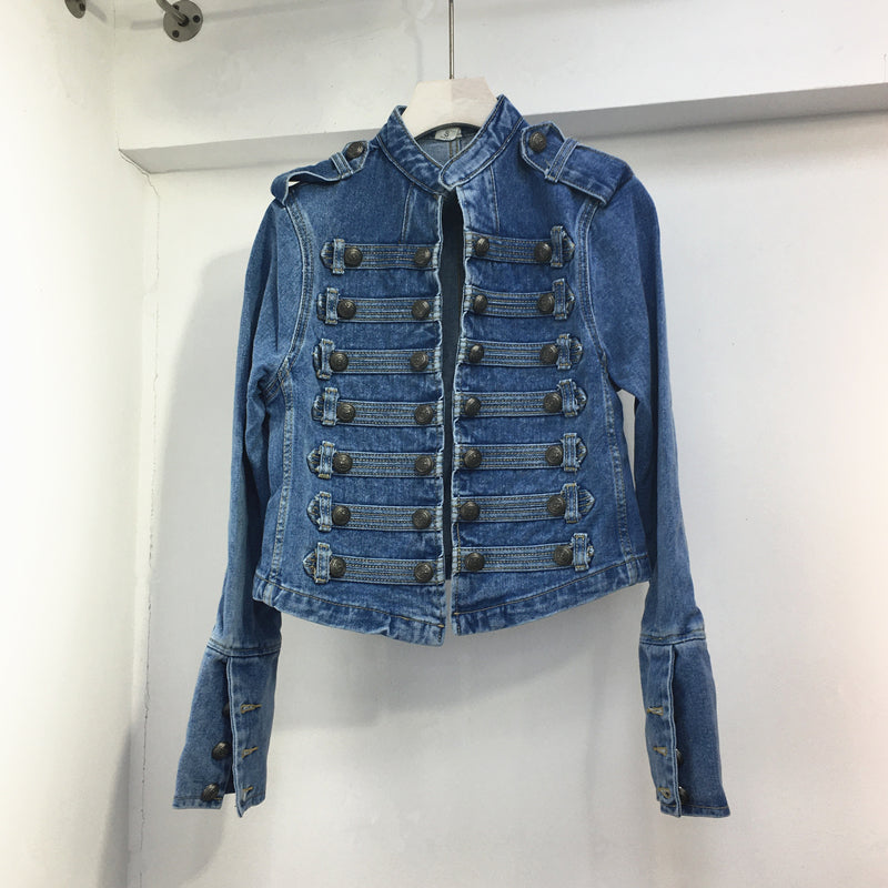 Handsome Military Sstyle Double-Breasted Button Stitching Short Denim Jacket Top