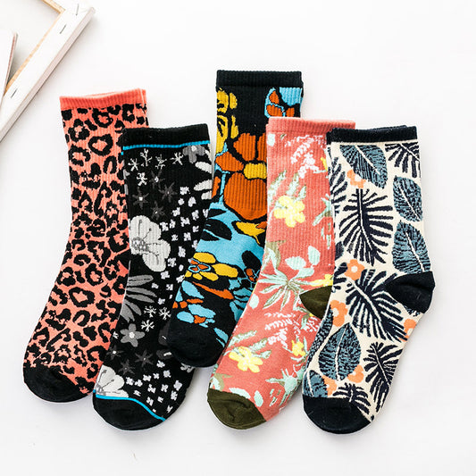 Casual Ladies Tide Socks Cartoon Plant Flowers Pure Cotton Tube Women's Socks
