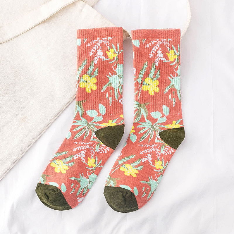 Casual Ladies Tide Socks Cartoon Plant Flowers Pure Cotton Tube Women's Socks