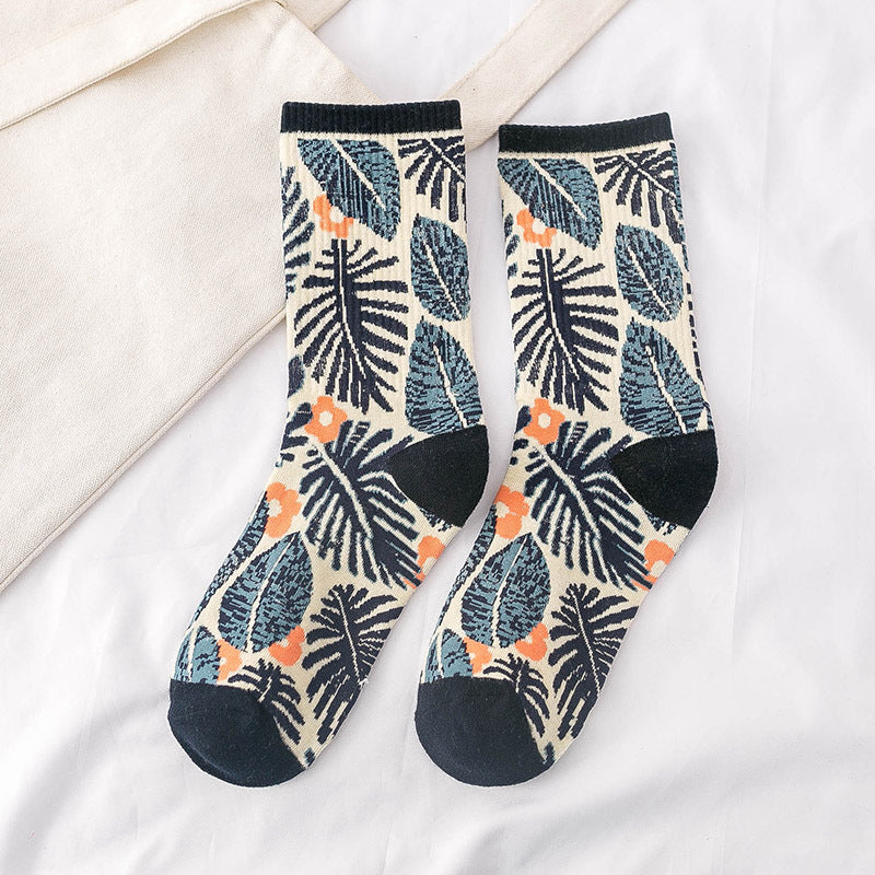Casual Ladies Tide Socks Cartoon Plant Flowers Pure Cotton Tube Women's Socks