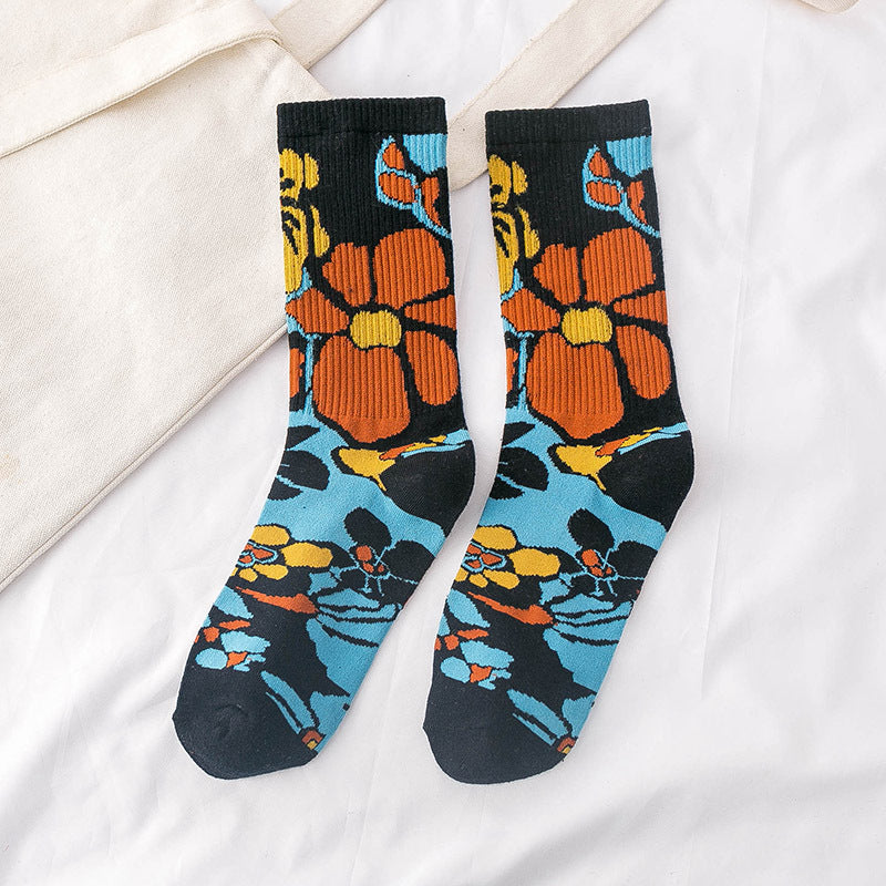 Casual Ladies Tide Socks Cartoon Plant Flowers Pure Cotton Tube Women's Socks
