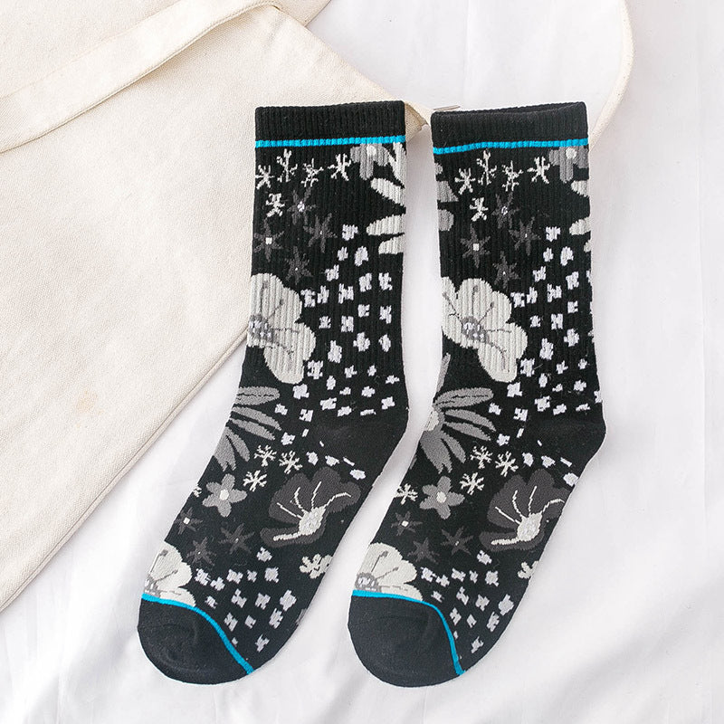 Casual Ladies Tide Socks Cartoon Plant Flowers Pure Cotton Tube Women's Socks
