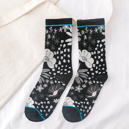 Casual Ladies Tide Socks Cartoon Plant Flowers Pure Cotton Tube Women's Socks