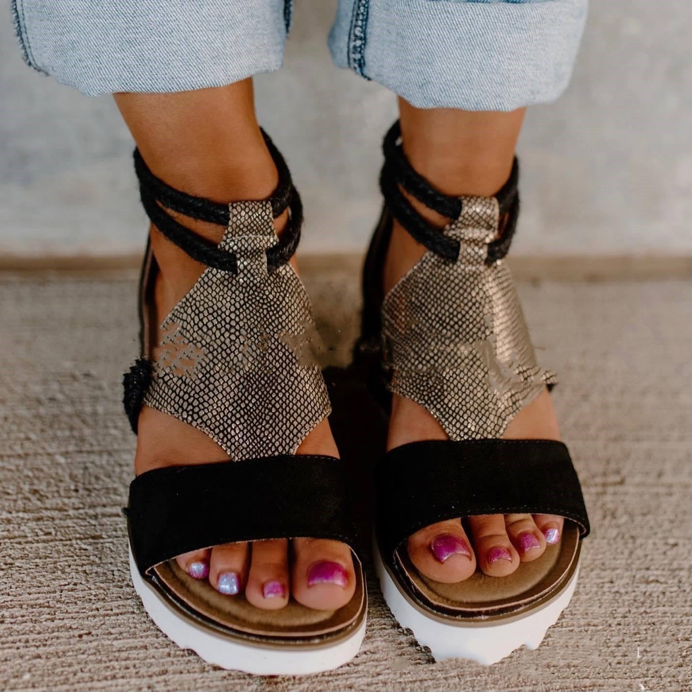 Round Toe Flat Wedge Heel Rhinestone Fish Mouth Sandals