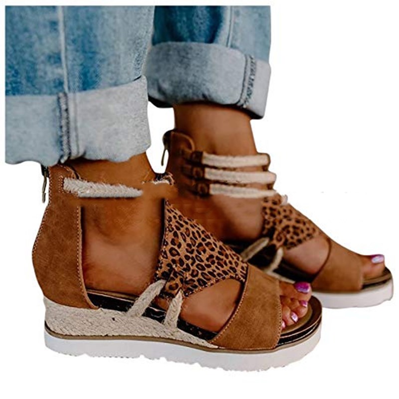 Round Toe Flat Wedge Heel Rhinestone Fish Mouth Sandals