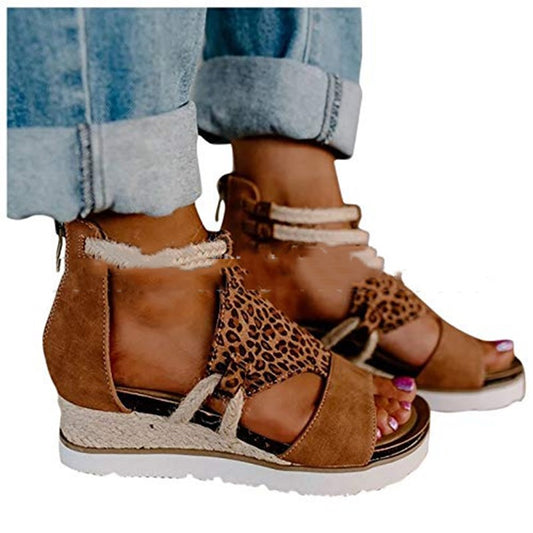 Round Toe Flat Wedge Heel Rhinestone Fish Mouth Sandals