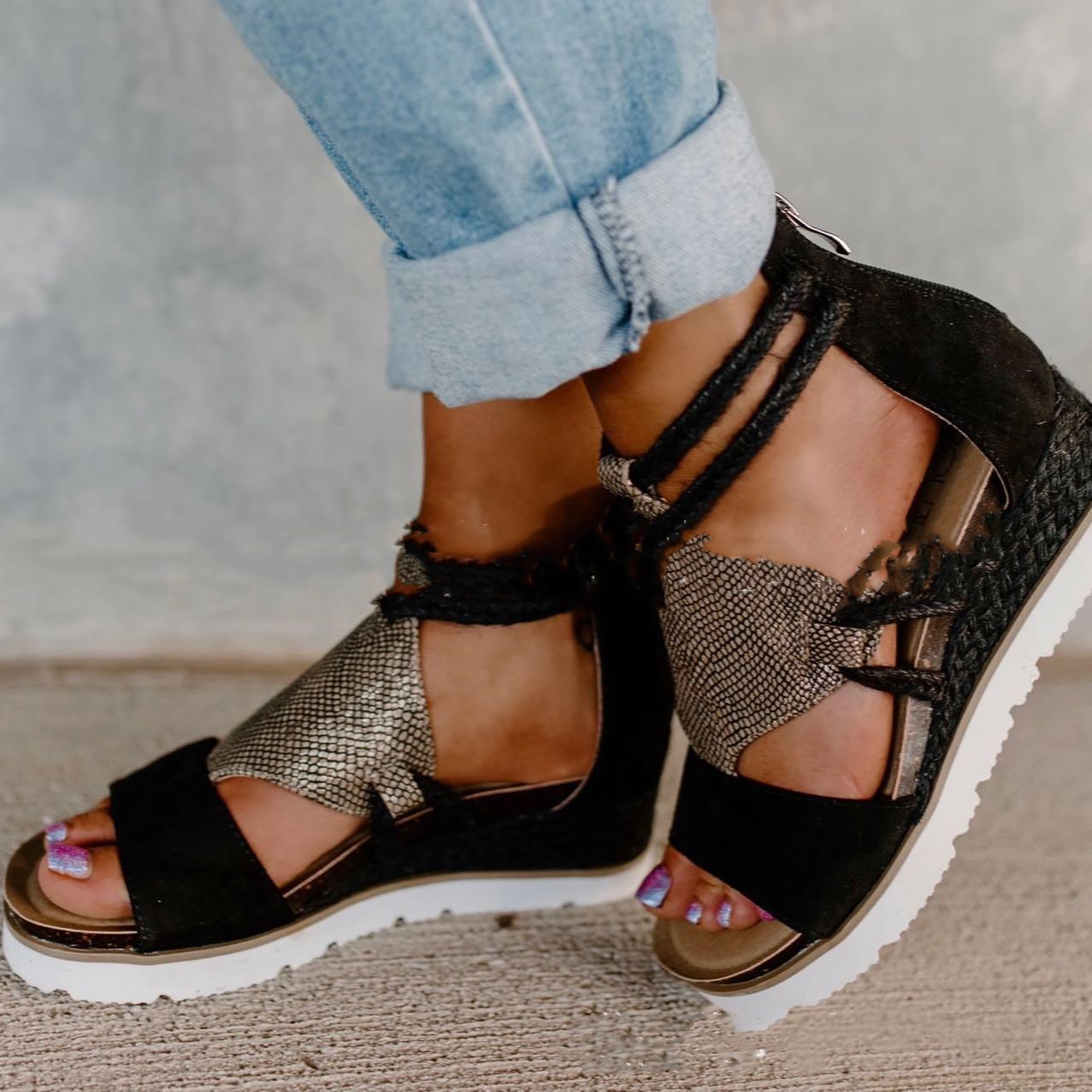 Round Toe Flat Wedge Heel Rhinestone Fish Mouth Sandals