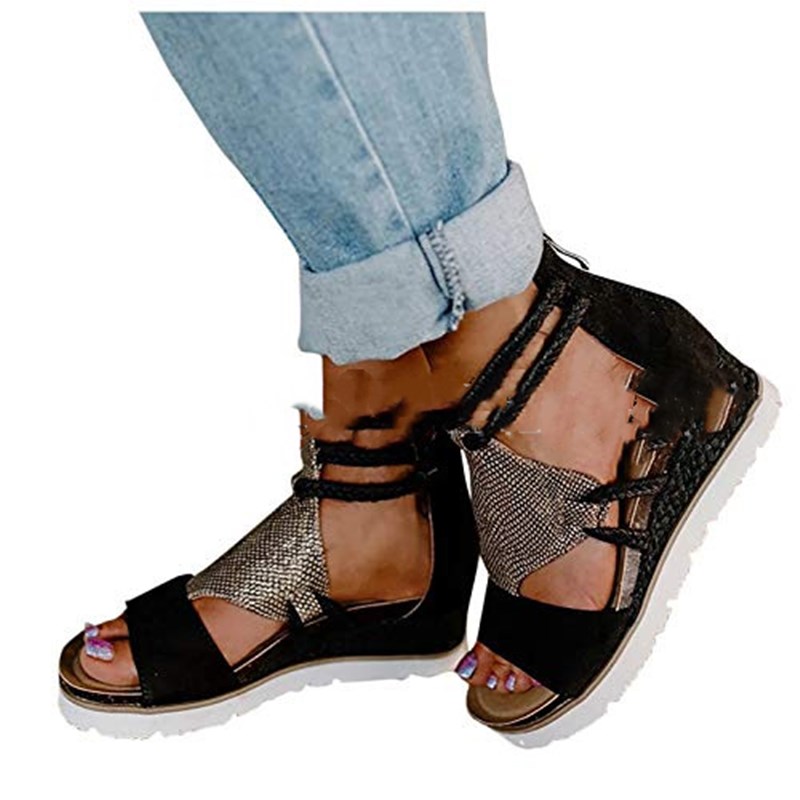 Round Toe Flat Wedge Heel Rhinestone Fish Mouth Sandals