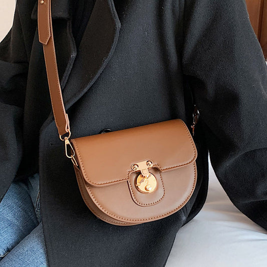Ladies Premium Leather Mini Saddle Bag Fashion Retro Lock Shoulder Bag