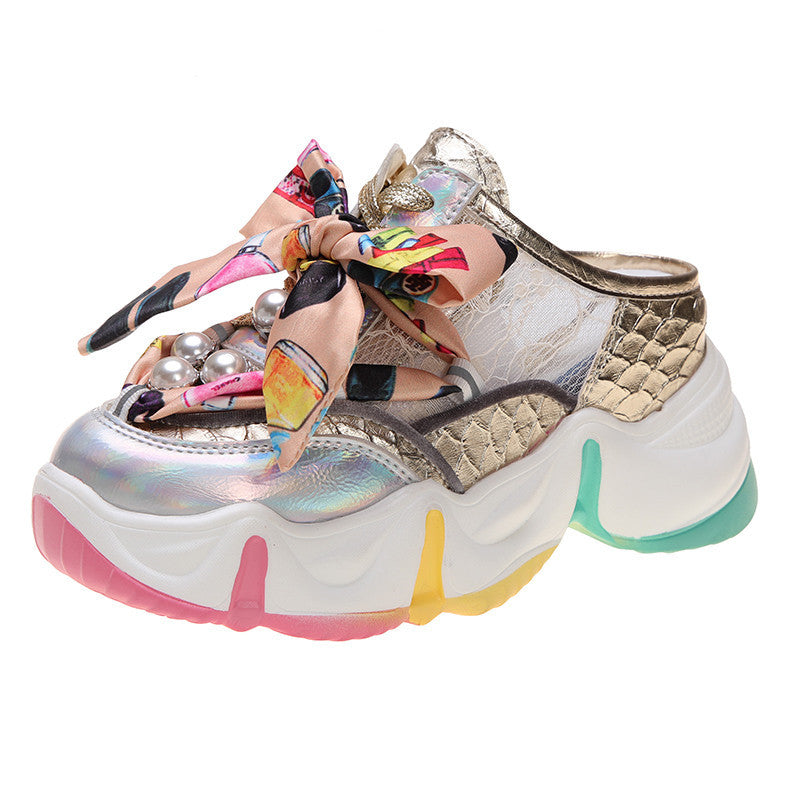 Ribbon Pearl Platform Sponge Cake Half Slippers