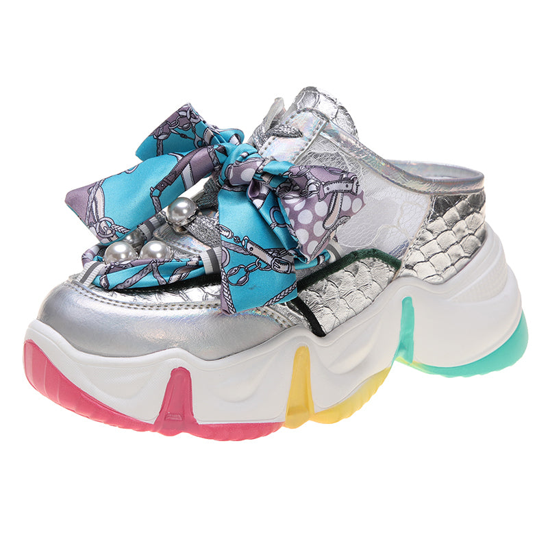 Ribbon Pearl Platform Sponge Cake Half Slippers