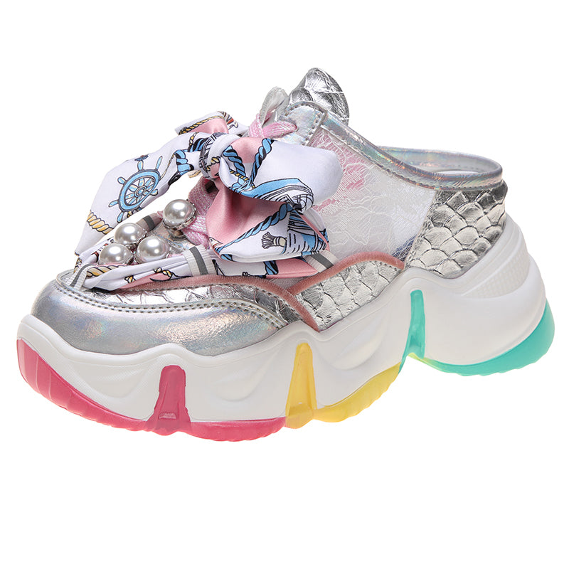 Ribbon Pearl Platform Sponge Cake Half Slippers