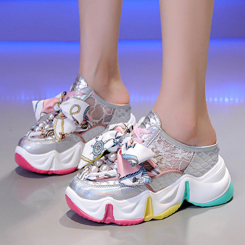 Ribbon Pearl Platform Sponge Cake Half Slippers
