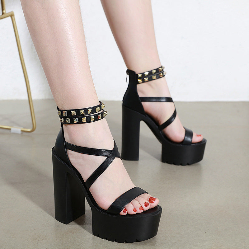 14CM Thick Heel Platform Cross Rivet Sandals