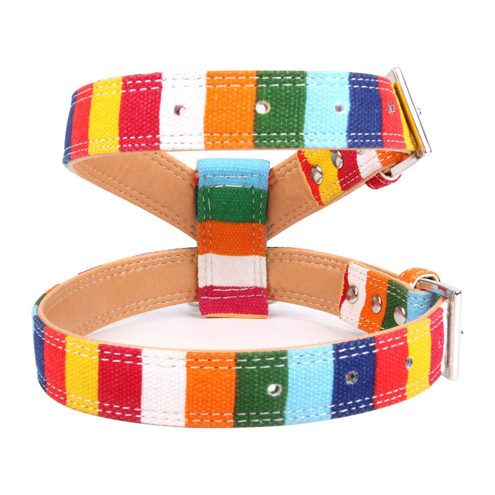 Colorful Collar Dog Walking Rope Canvas PU Combination Traction Rope Color Dog Chest Strap