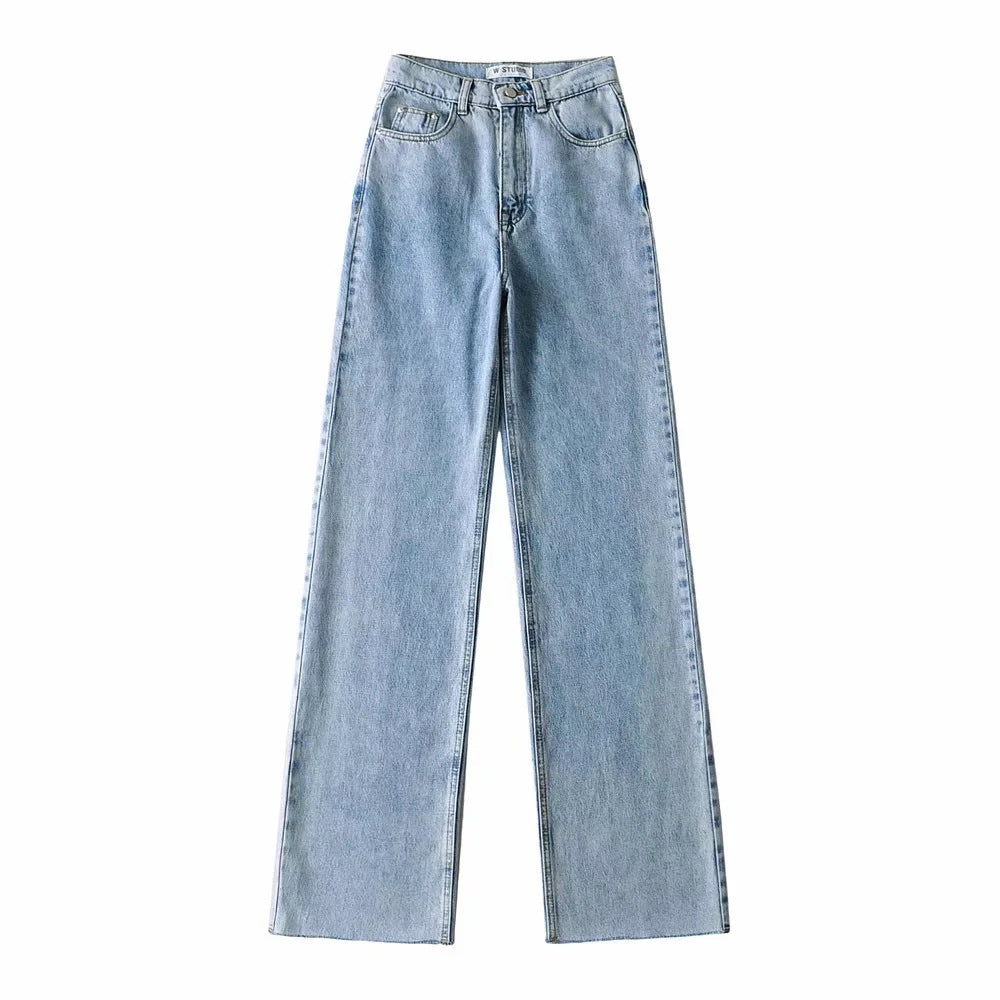 High Waisted Raw Edge Wide Leg Mopping Denim Trousers