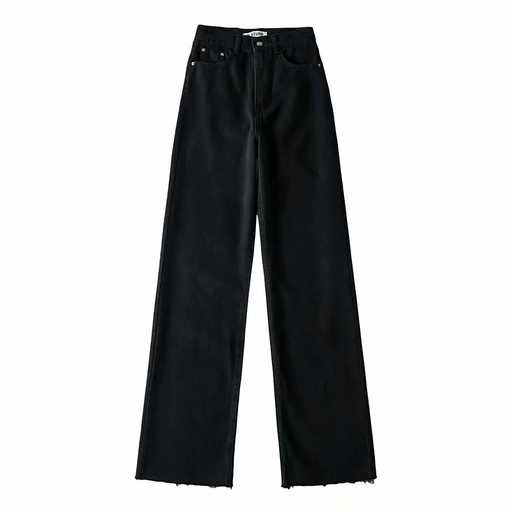 High Waisted Raw Edge Wide Leg Mopping Denim Trousers