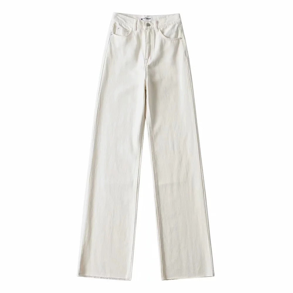 High Waisted Raw Edge Wide Leg Mopping Denim Trousers