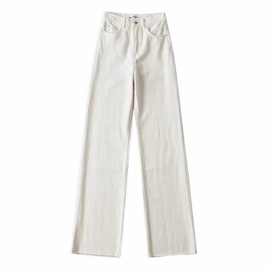 High Waisted Raw Edge Wide Leg Mopping Denim Trousers