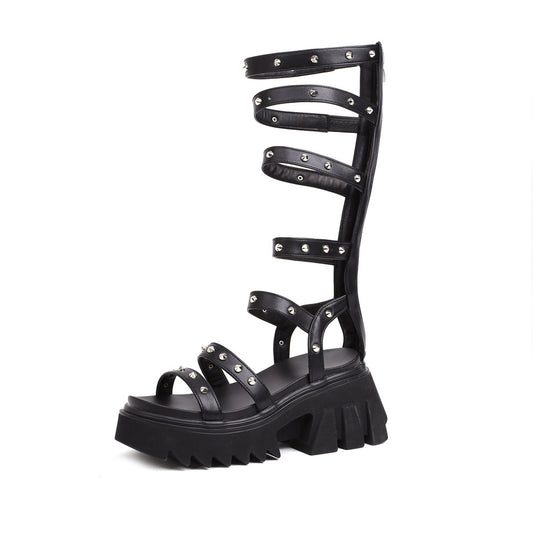 Roman Women's Sandals Open-Toe High-Top Thick-Soled Women's Sandals Summer Hollow Wedge Outer Wear Sandals Knee-Length Sandals Sandals