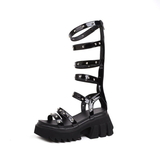 Roman Women's Sandals Open-Toe High-Top Thick-Soled Women's Sandals Summer Hollow Wedge Outer Wear Sandals Knee-Length Sandals Sandals