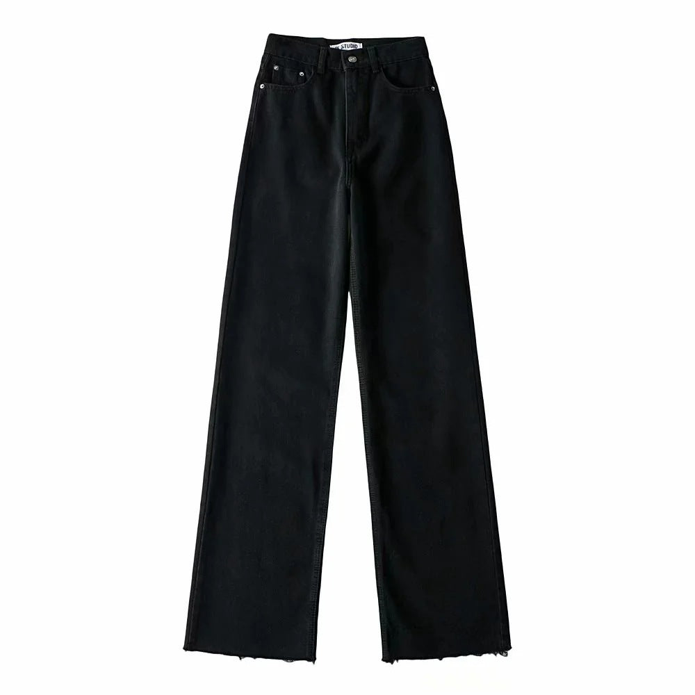 Washed And Distressed High-Waisted Fringe Trousers