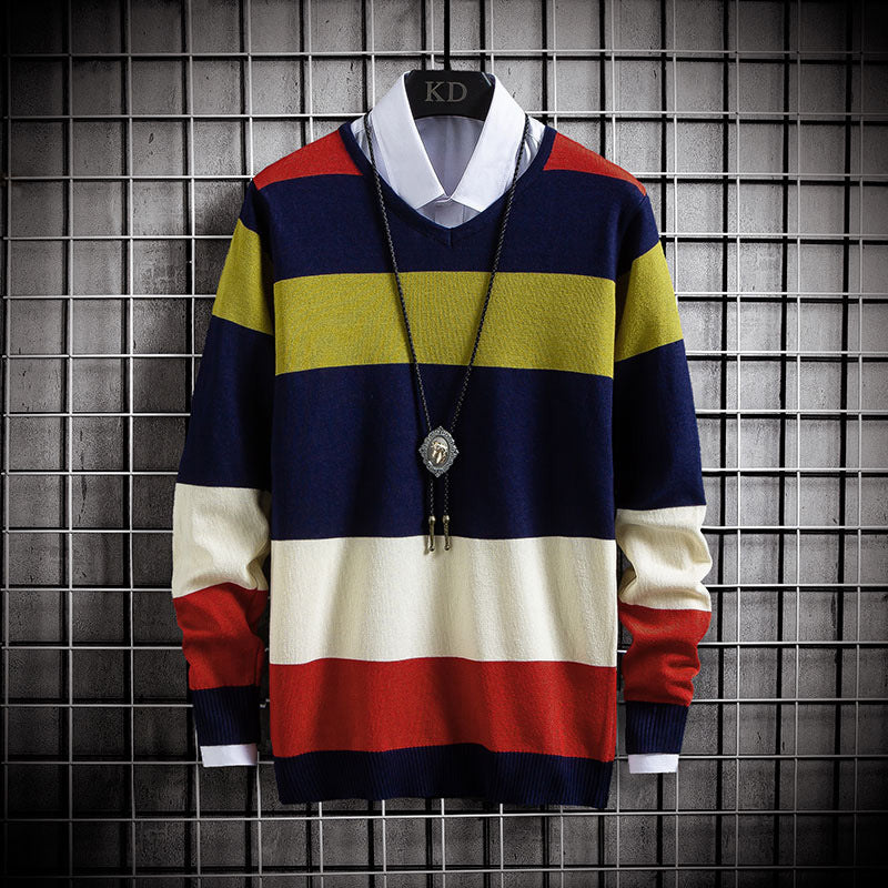 New Thin Color Blocking Round Neck Sweater Men's Casual Sweater