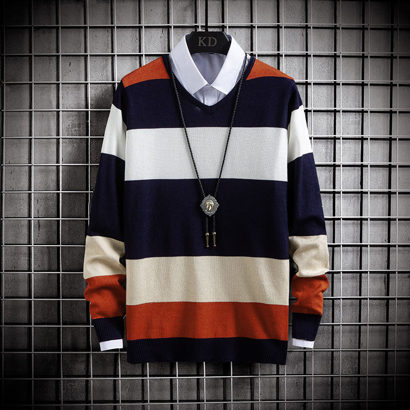 New Thin Color Blocking Round Neck Sweater Men's Casual Sweater