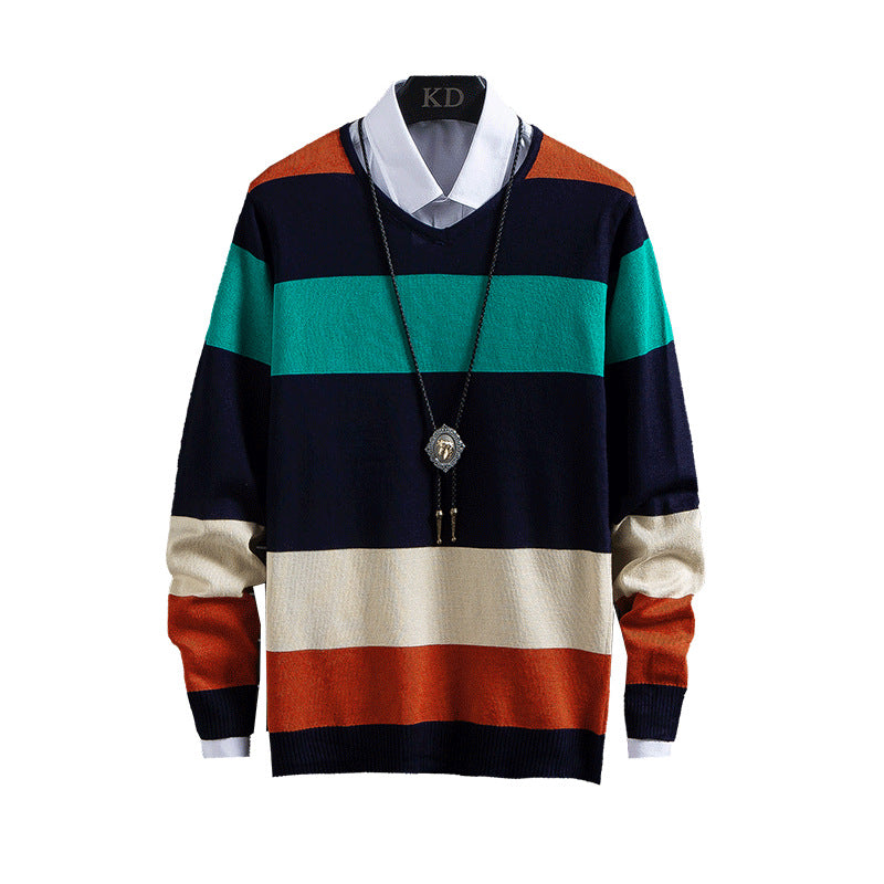 New Thin Color Blocking Round Neck Sweater Men's Casual Sweater