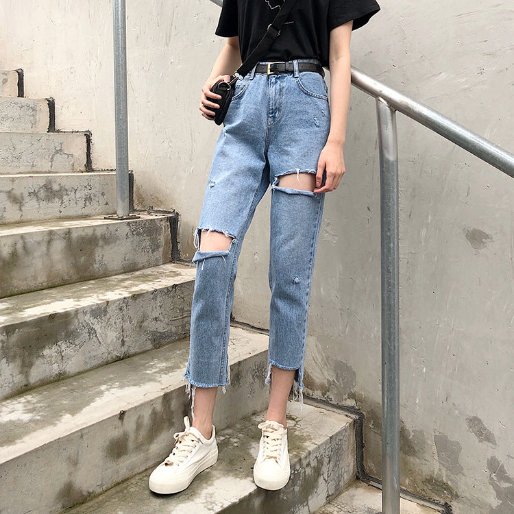 Ripped Jeans Washed Cropped Trousers