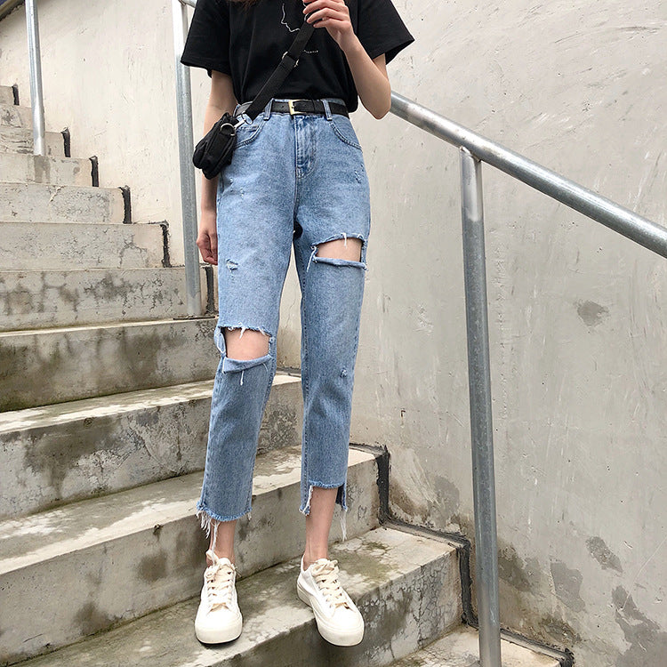 Ripped Jeans Washed Cropped Trousers
