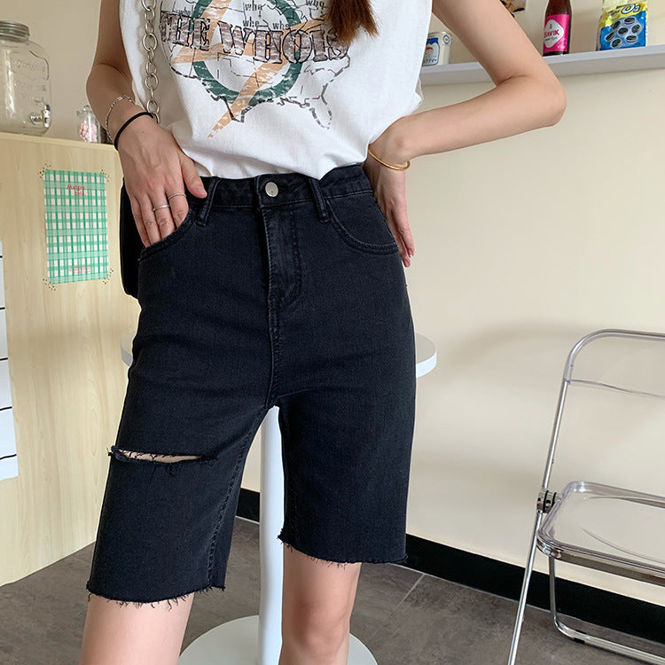 Straight-Leg Ripped Denim Shorts Hot Pants