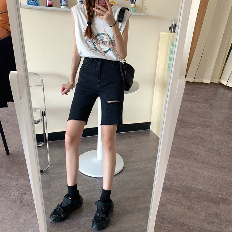 Straight-Leg Ripped Denim Shorts Hot Pants