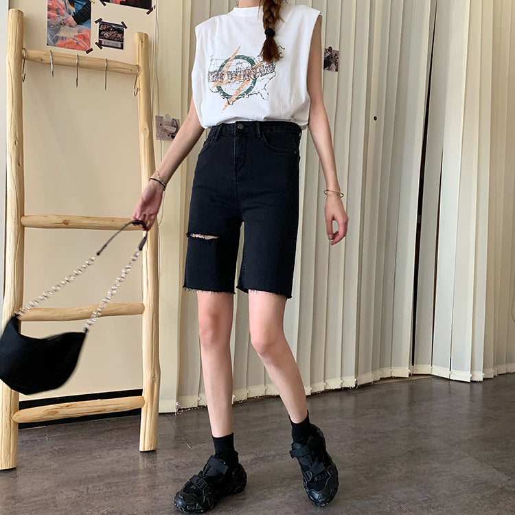 Straight-Leg Ripped Denim Shorts Hot Pants