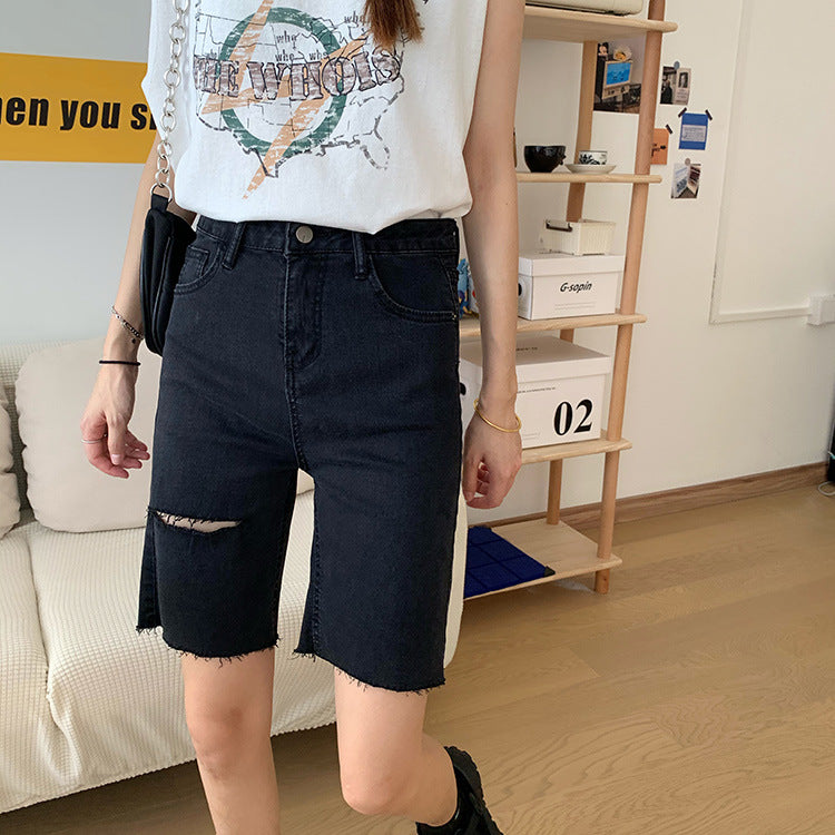 Straight-Leg Ripped Denim Shorts Hot Pants