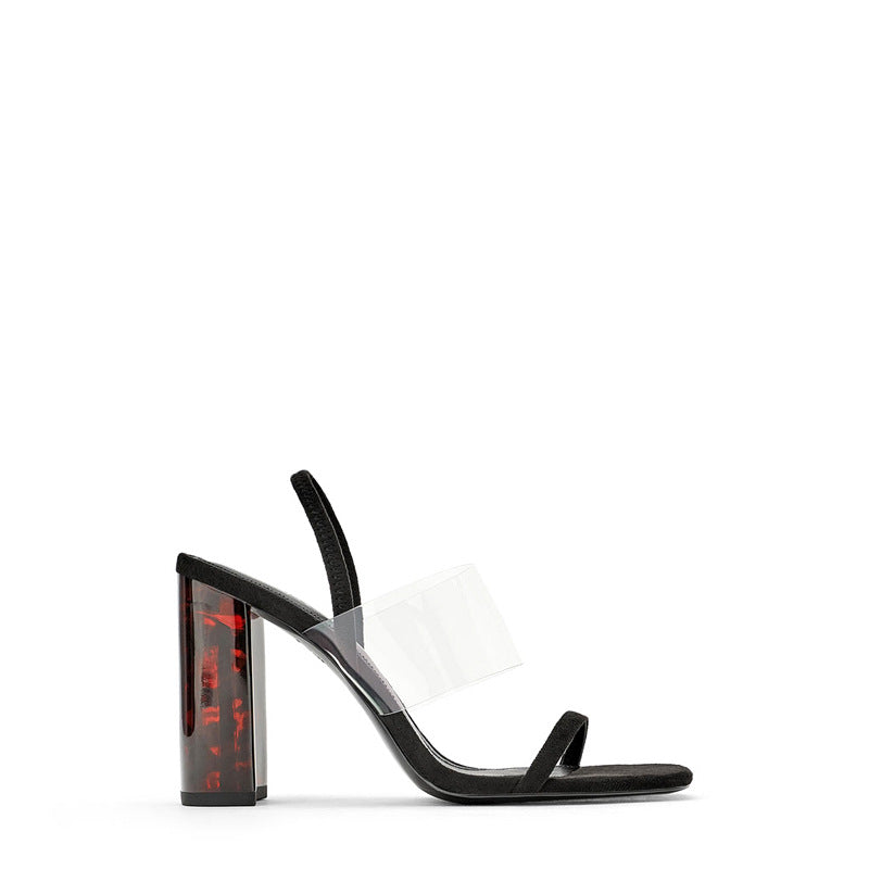 Transparent Plastic Heel, Thick Heel, One Word With Crystal Sandals, Women's Mid-Heel