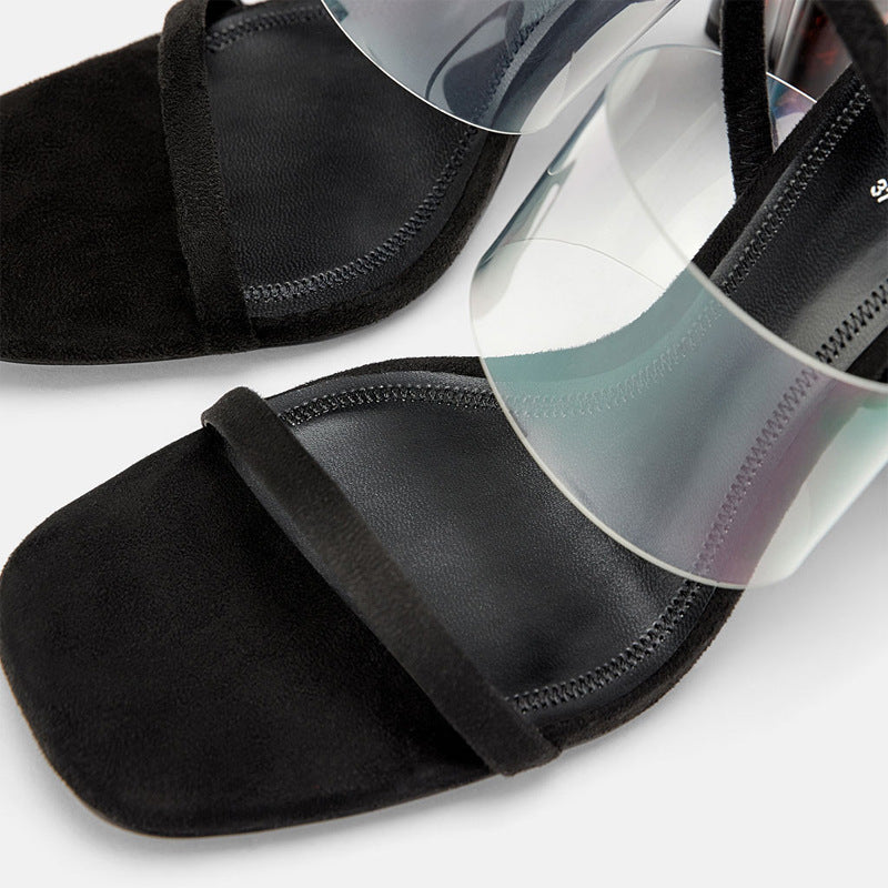 Transparent Plastic Heel, Thick Heel, One Word With Crystal Sandals, Women's Mid-Heel
