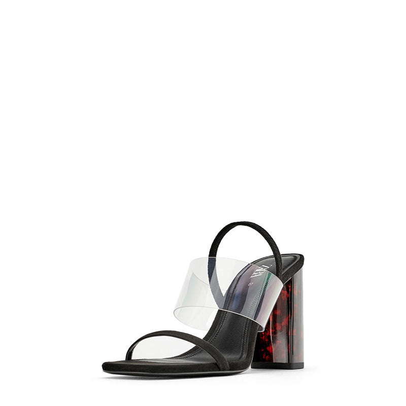 Transparent Plastic Heel, Thick Heel, One Word With Crystal Sandals, Women's Mid-Heel