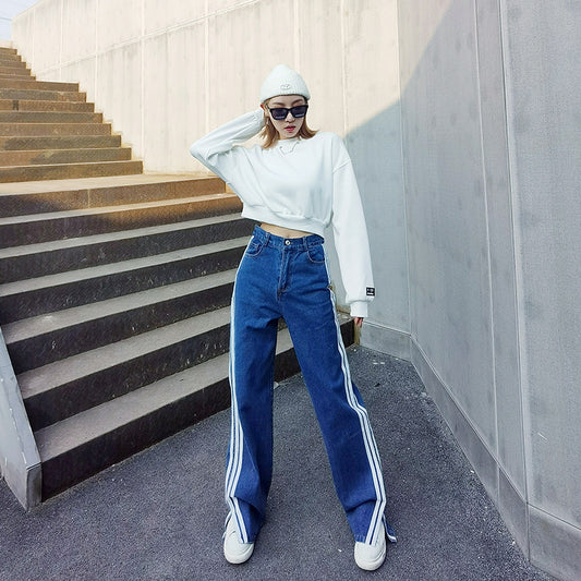 Split White Striped Blue Jeans Women's All-Match Casual Wide-Leg Pants