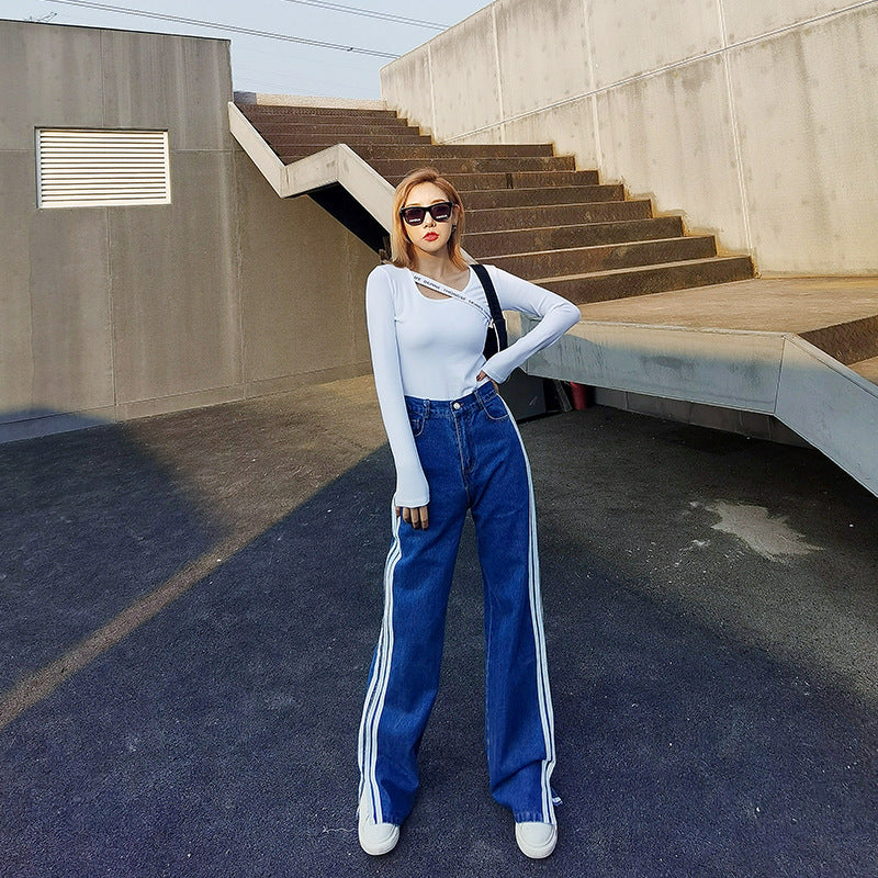 Split White Striped Blue Jeans Women's All-Match Casual Wide-Leg Pants