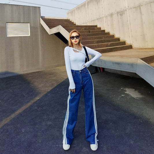 Split White Striped Blue Jeans Women's All-Match Casual Wide-Leg Pants