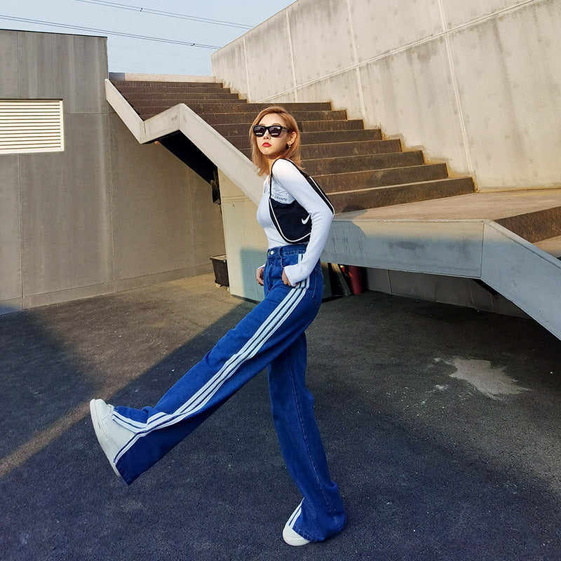 Split White Striped Blue Jeans Women's All-Match Casual Wide-Leg Pants