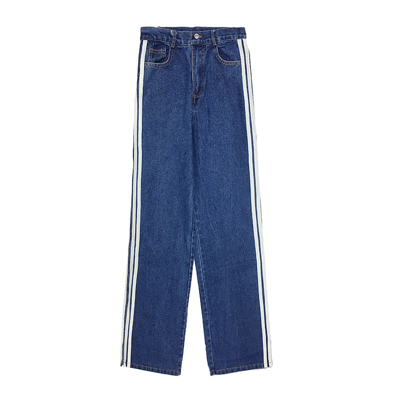 Split White Striped Blue Jeans Women's All-Match Casual Wide-Leg Pants