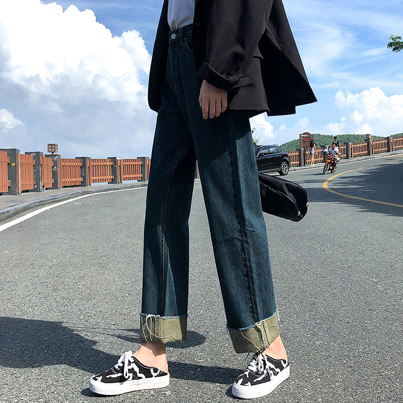 New Style Raw-Edge Jeans Women's Straight Loose Loose Light Blue Slim And Tall Casual High-Waist Cigarette Pants