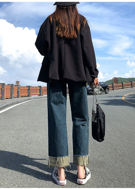 New Style Raw-Edge Jeans Women's Straight Loose Loose Light Blue Slim And Tall Casual High-Waist Cigarette Pants
