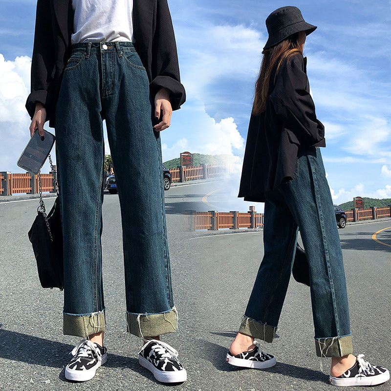 New Style Raw-Edge Jeans Women's Straight Loose Loose Light Blue Slim And Tall Casual High-Waist Cigarette Pants