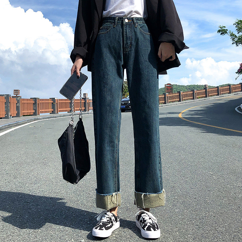 New Style Raw-Edge Jeans Women's Straight Loose Loose Light Blue Slim And Tall Casual High-Waist Cigarette Pants