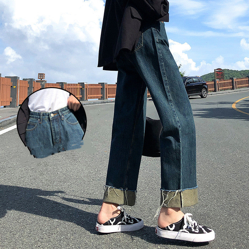 New Style Raw-Edge Jeans Women's Straight Loose Loose Light Blue Slim And Tall Casual High-Waist Cigarette Pants