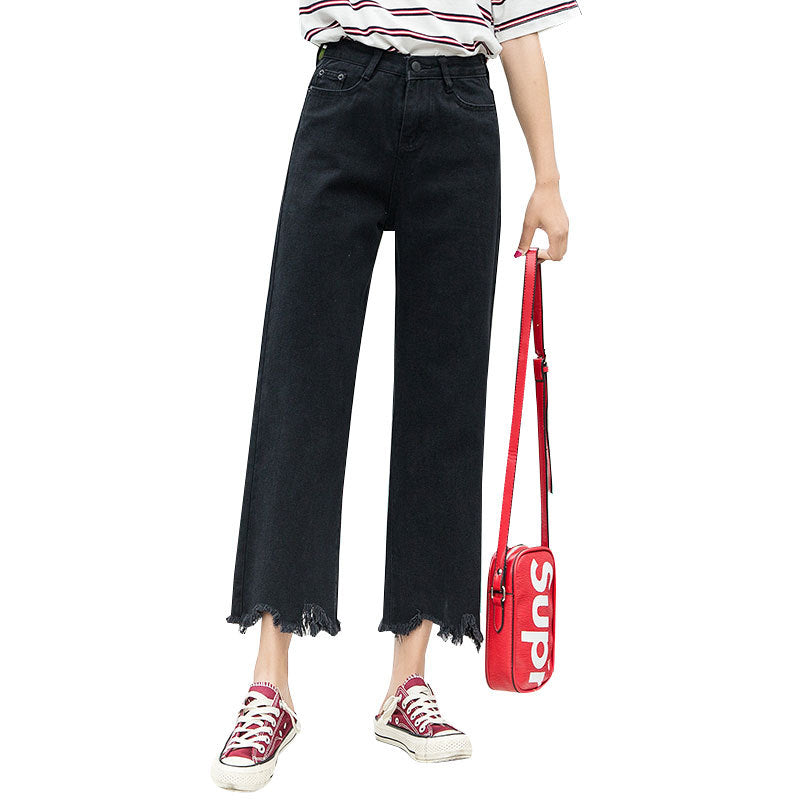 High-waist Denim Cropped Straight-leg Pants